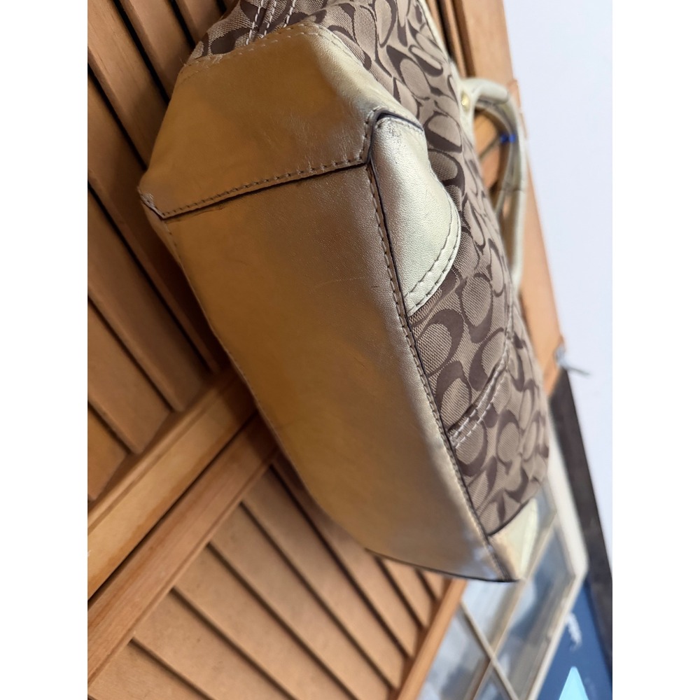 Coach Bleeker Khaki Signature Jacquard/Gold Patent Leather Tote Shoulder Bag - Picture 8 of 11